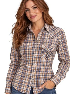 Panhandle Rough Stock Western Plaid 100 Cotton Shirt Blue Brown Embroidery